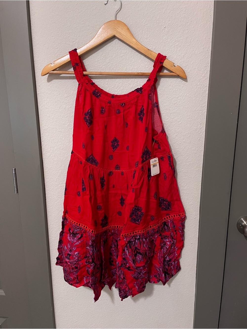 NWT Free People $88 Talk To Me Trapeze Dress S red navy purple boho fall tunic